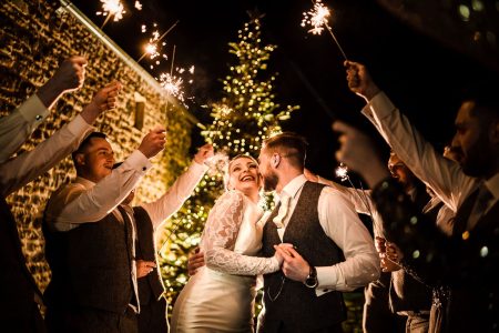 low light wedding photographer-3 Wedding Photographers capture a magical moment as a wedding party poses with sparklers in front of a magnificent Christmas tree.
