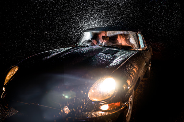 winter low light wedding photographer 17 Classic car driving in rain at night