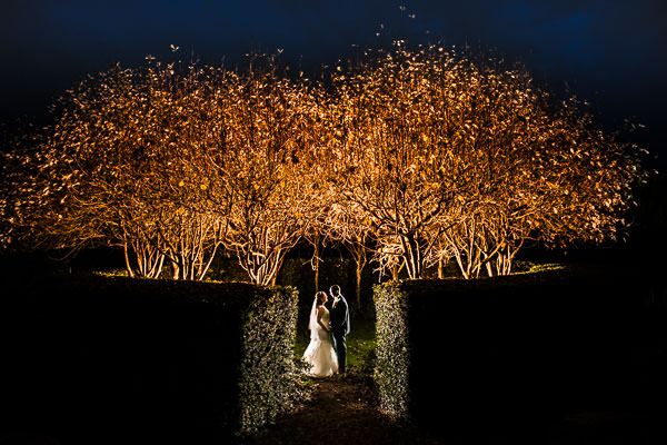 winter low light wedding photographer 6 A couple, dressed formally, stands under illuminated trees against a dark sky, surrounded by tall hedges.