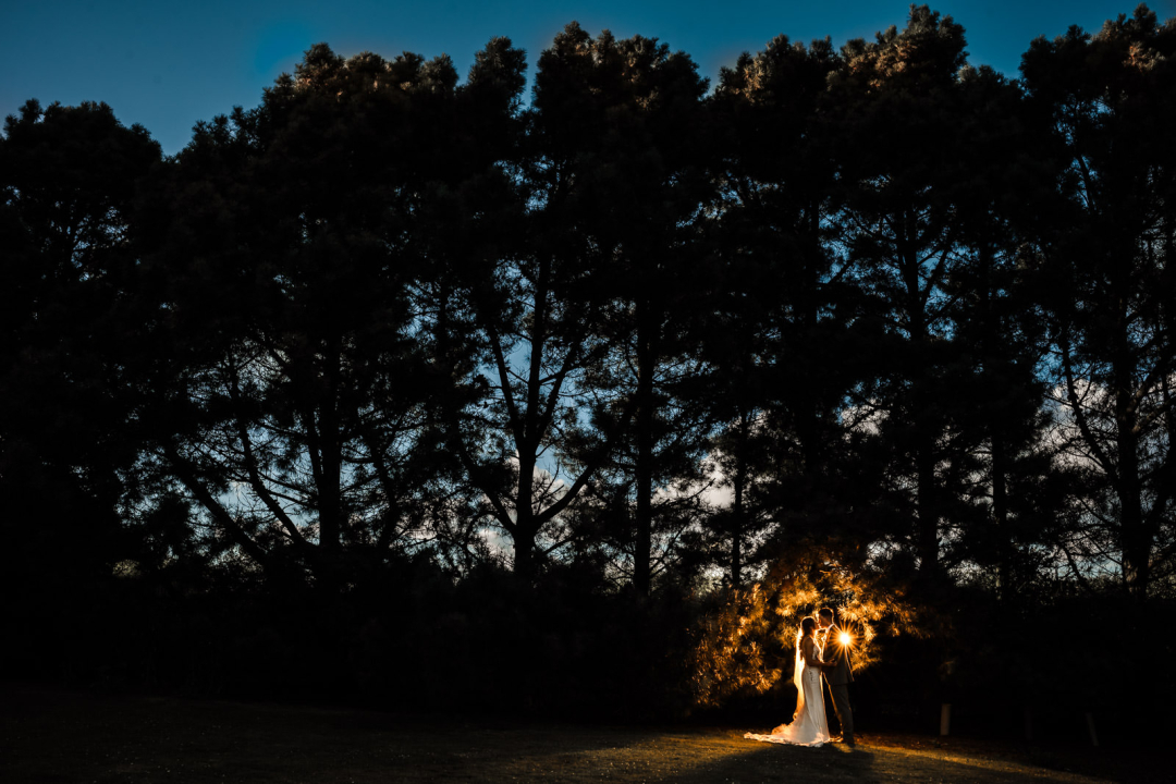 A couple in wedding attire stands illuminated in front of tall, dark trees at dusk, surrounded by a soft, glowing light.