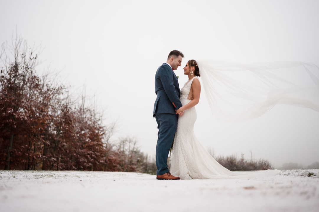 Bride and groom stand holding hands on a snowy landscape. The bride's veil flows in the wind. Bare trees line the background.